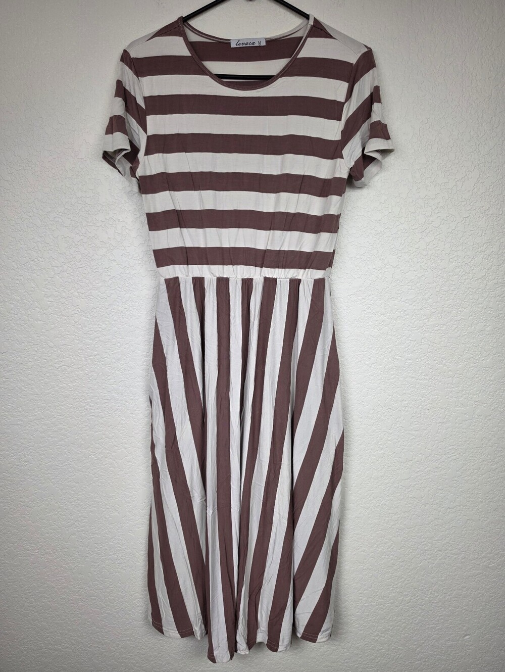 Leeva Medium Brown and White Striped Rayon Spandex Dress